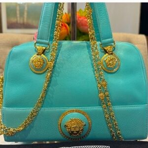 Rare Versace Aqua Leather Shoulder Bag with Gold Accents